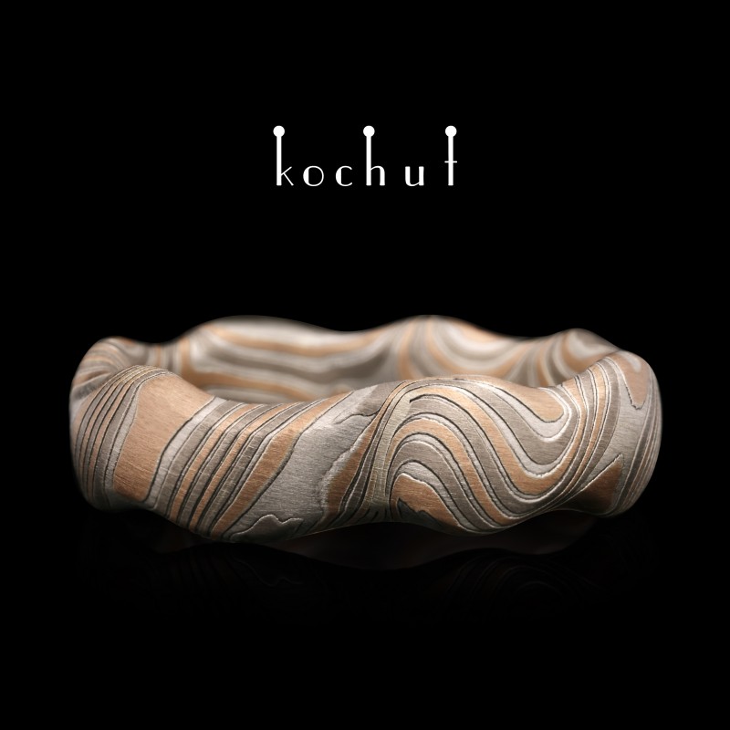 Seamles wedding ring mokume «Waves». Palladium gold, red gold, etched silver