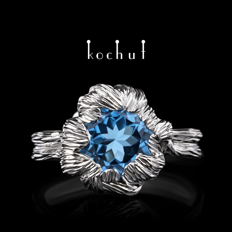 Ring «Peony». Silver, topaz, white rhodium