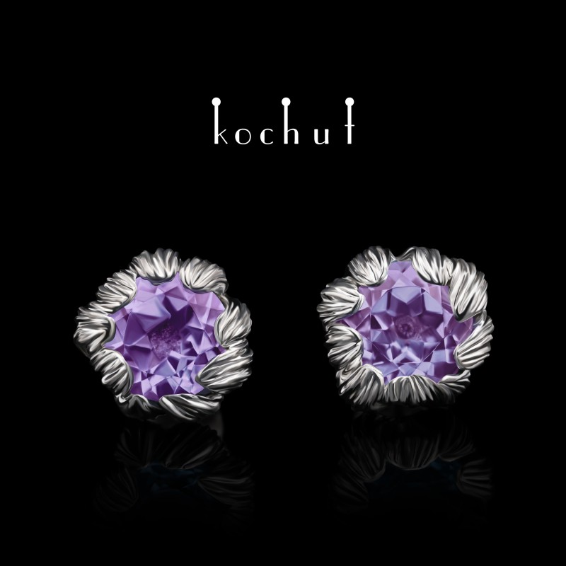 Stud-earrings «Peony». Silver, amethyst, white rhodium