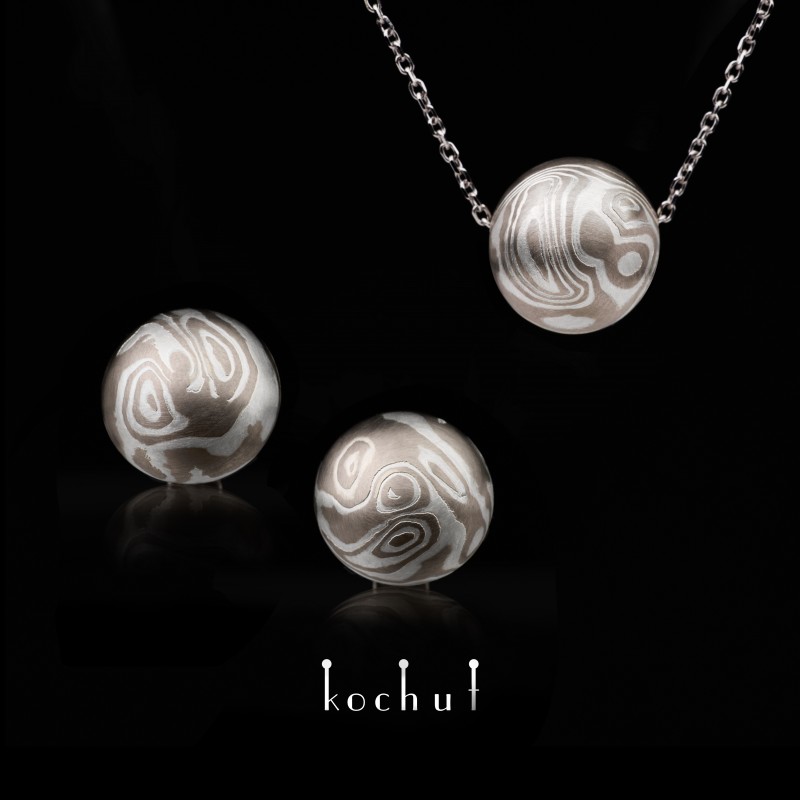 Комплект прикрас мокуме «Вихор». Паладієве золото, травлене срібло