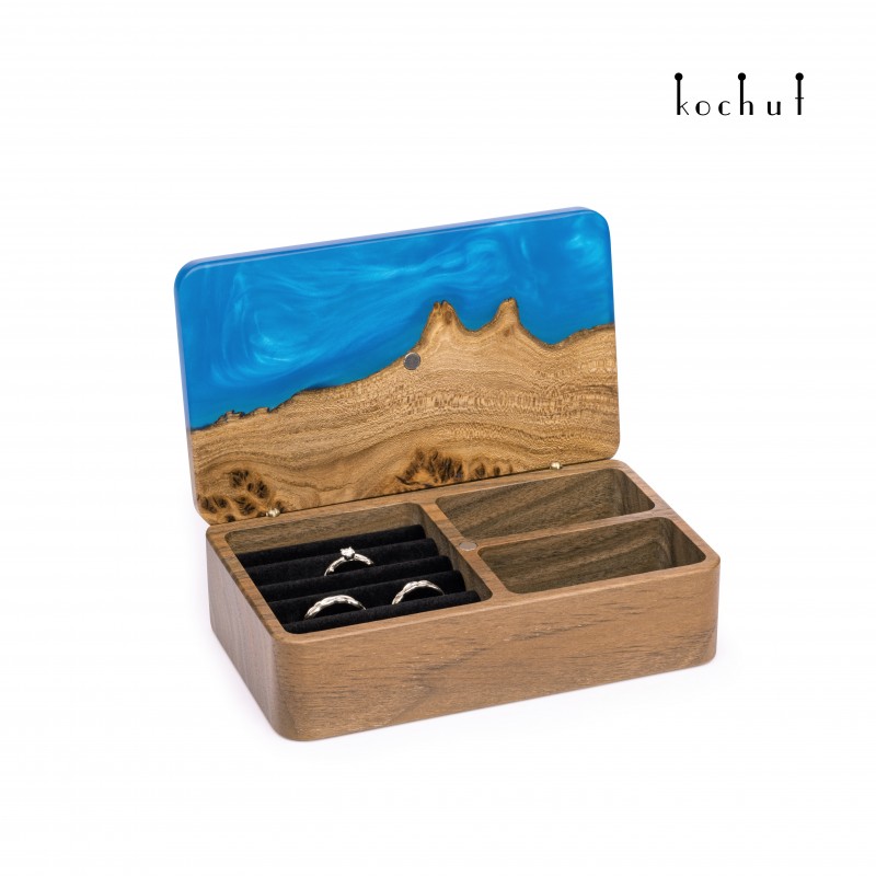 Jewellery organiser «Ornament». Elm, walnut, blue epoxy resin