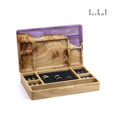 Jewellery organiser «Ornament: maxi». Rock elm, european walnut, purple pearlescent epoxy